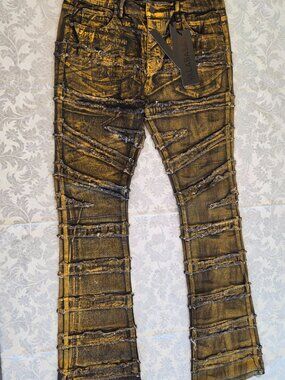 NWT Valabasas Zodiac Gold Fade Waxed Stacked Jeans Size 34